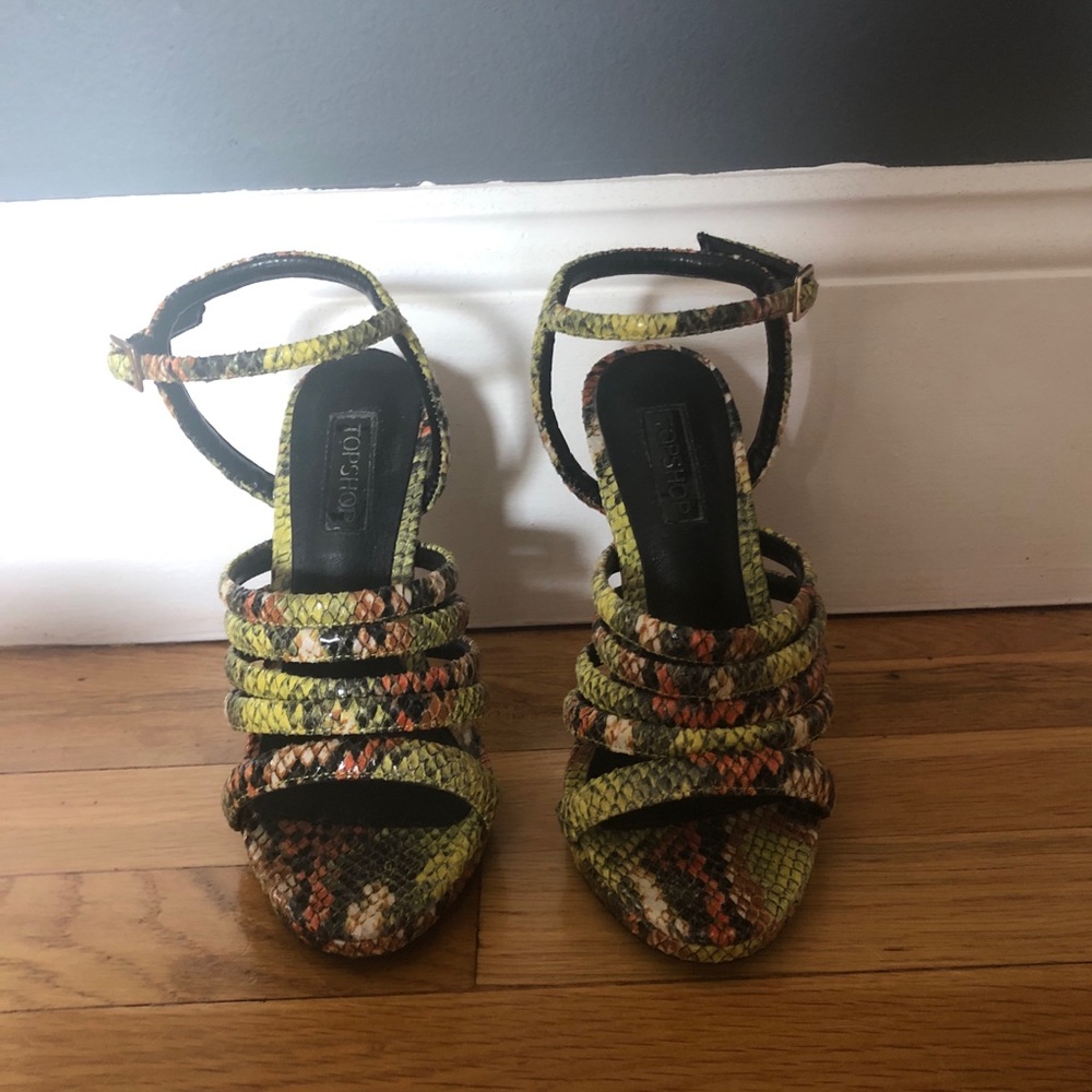 TOPSHOP FAUX SNAKE SKIN STRAPPY SANDALS HEELS